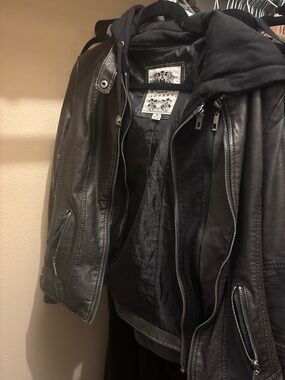 Womens Black Vegan Leather Hooded Jacket